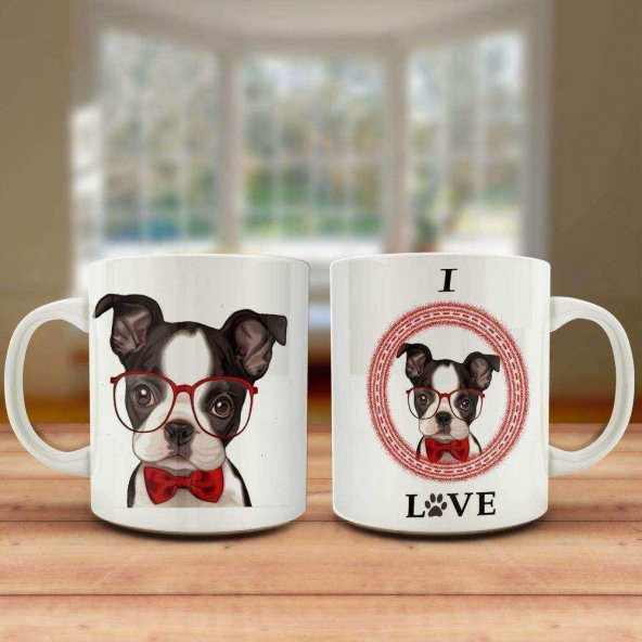 Kırmızı Gözlüklü Sevimli Köpek Baskılı Kupa Bardak - Hediyelik