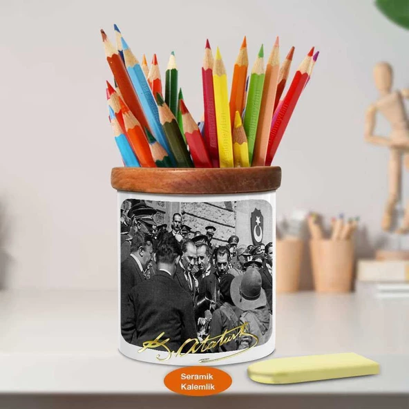 1Temmuz 1927 Atatürk Haydarpaşa Garında Ahşap Seramik Kalemlik