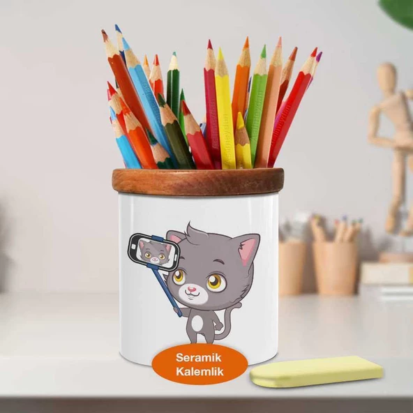 Selfie Çeken Kedi Ahşap Seramik Kalemlik - 1335-44