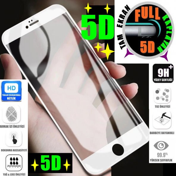 Apple iPhone 6 Plus Ekran Koruyucu 5D Temperli Cam FULL Kapatan Tam Ekran Kaplayan Beyaz (QN32VTW)