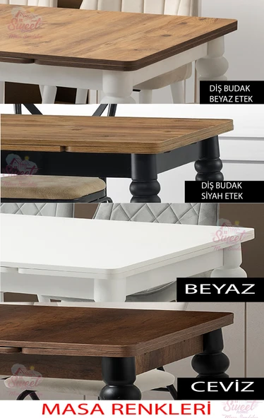 Yanlardan Açılır Yakamoz Masa Antik Çam Topkapı Siyah Ayak 4 Adet Siyah Bahar Çapraz Sandalye - 4