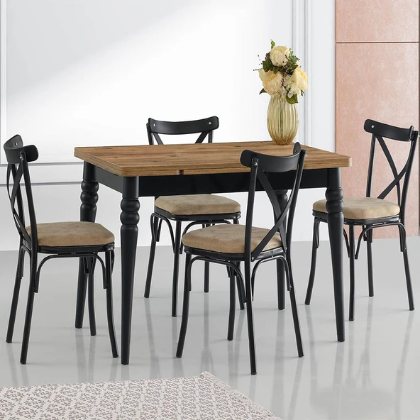 Yanlardan Açılır Yakamoz Masa Antik Çam Topkapı Siyah Ayak 4 Adet Siyah Bahar Çapraz Sandalye - 9