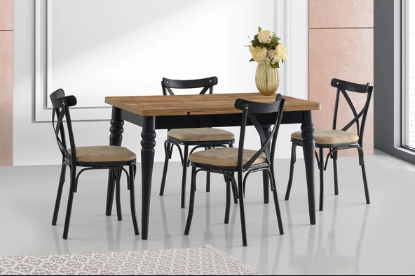 Yanlardan Açılır Yakamoz Masa Antik Çam Topkapı Siyah Ayak 4 Adet Siyah Bahar Çapraz Sandalye