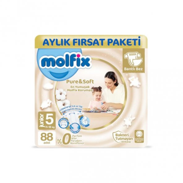 Molfix Pure&Soft Bebek Bezi 5 Numara Junior Aylık Fırsat Paketi 88 Adet