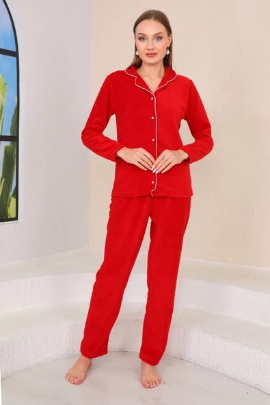 Nisanca Kadın Kışlık Welsoft Peluş Polar  Düğmeli Pijama Takımı - 11