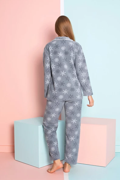 Nisanca Kadın Kışlık Welsoft Peluş Polar  Düğmeli Pijama Takımı - 7
