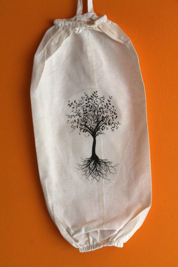 Hayat Ağacı Baskılı Çift Lastikli Naturel Keten Poşetlik - Mutfak Düzenleyici - 2