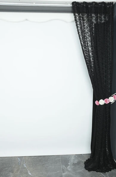 ÇİÇEK MODEL SİYAH RENK TEK KANAT Pileli Fon Perde 75*260 cm - Resim 4