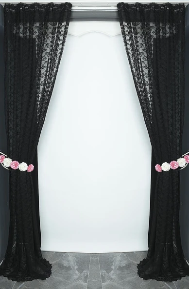 ÇİÇEK MODEL SİYAH RENK TEK KANAT Pileli Fon Perde 75*260 cm - Resim 5