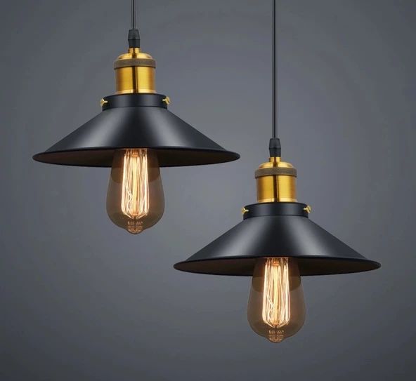Retro Ikili  Siyah Yuvarlak Metal Sarkıt Avize 30 cm En
