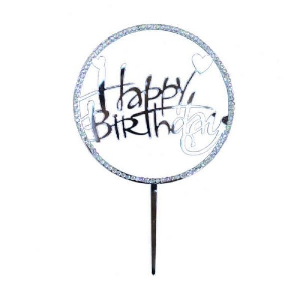 HAPPY BİRTHDAY PLEKSİ YUVARLAK TAŞLI PASTA DOĞUM GÜNÜ SÜSÜ GÜMÜŞ