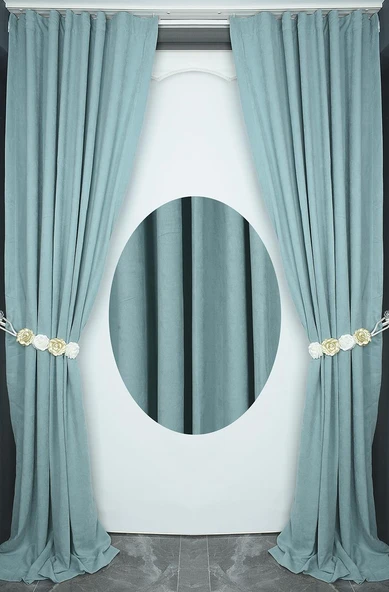 DOKUMA SU YEŞİLİ RENK (EKSTRAFOR BÜZGÜLÜ) TEK KANAT FON PERDE 150x260 CM - Resim 7