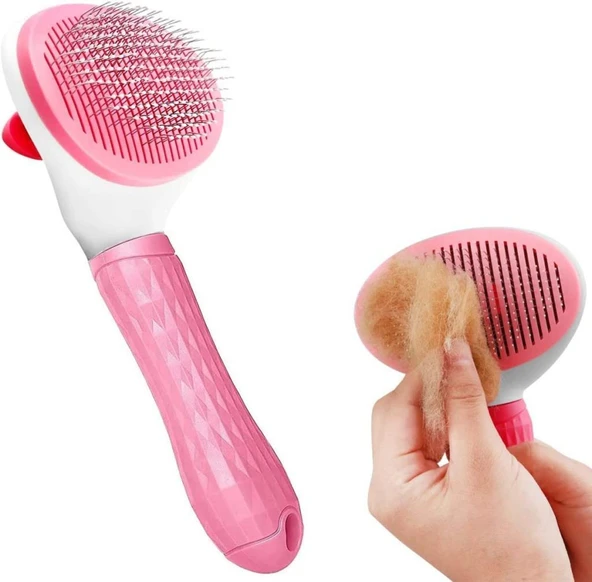 Clean Ucu Toplu Kedi Köpek Basmalı Otomatik Temizlenen Tarak Pembe - Resim 6