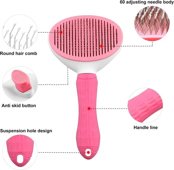 Clean Ucu Toplu Kedi Köpek Basmalı Otomatik Temizlenen Tarak Pembe - Resim 4