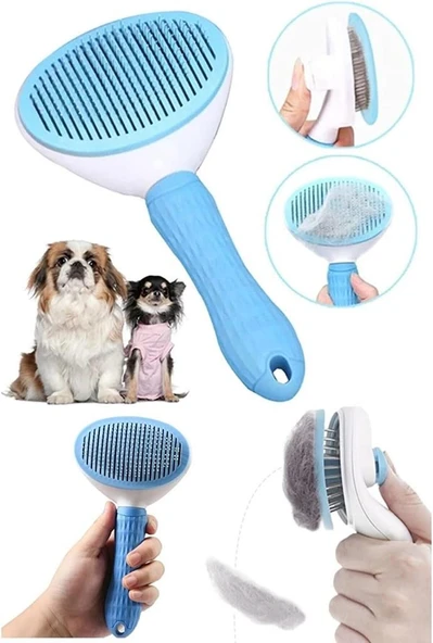 Clean Ucu Toplu Kedi Köpek Basmalı Otomatik Temizlenen Tarak Mavi - Resim 3