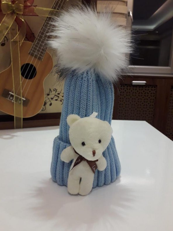 Peluş Ayıcıklı Ponponlu Çocuk Beresi  MAVİ