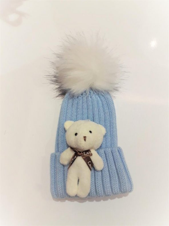 Peluş Ayıcıklı Ponponlu Çocuk Beresi  MAVİ - 3