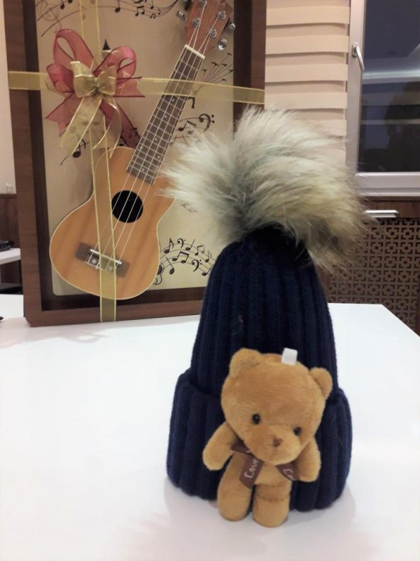 Peluş Ayıcıklı Ponponlu Çocuk Beresi  LACİVERT - 2