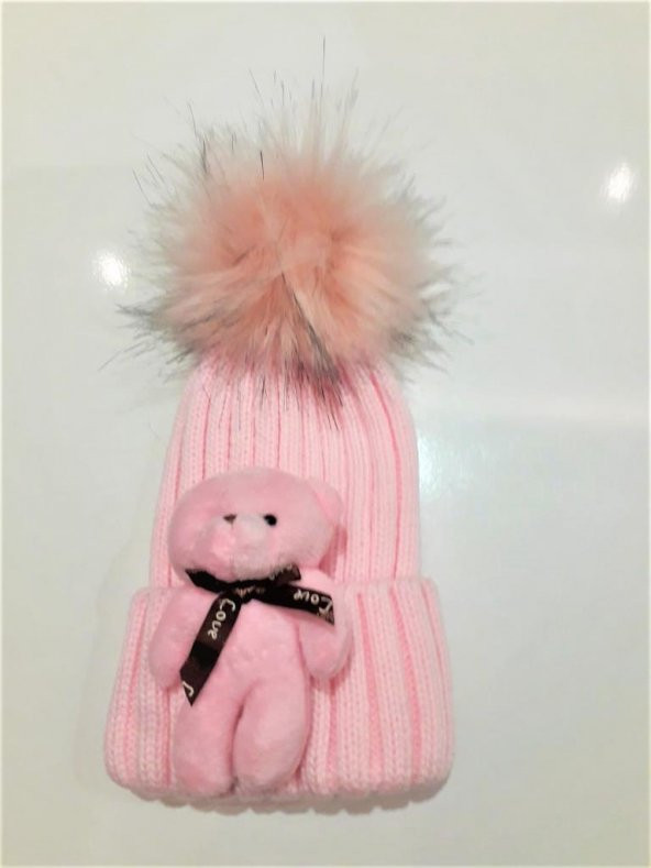 Peluş Ayıcıklı Ponponlu Çocuk Beresi  PEMBE - 2