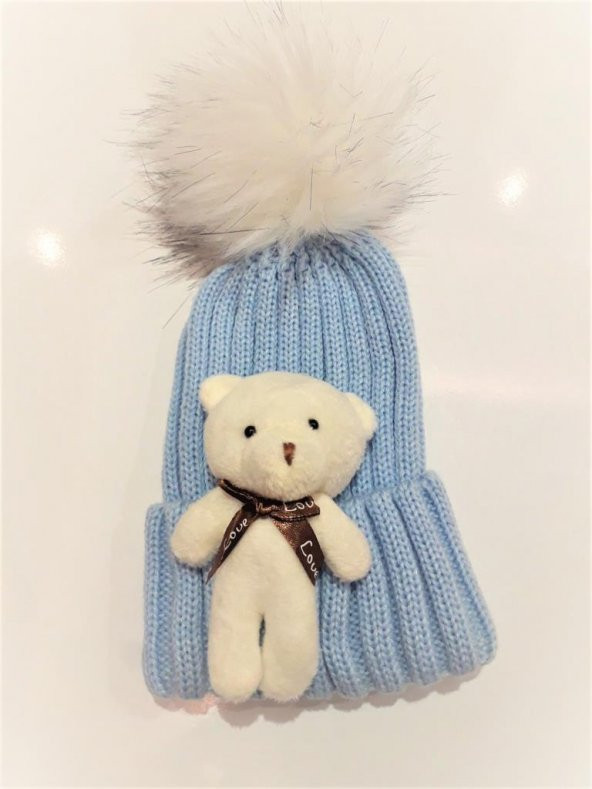 Peluş Ayıcıklı Ponponlu Çocuk Beresi  MAVİ - 2