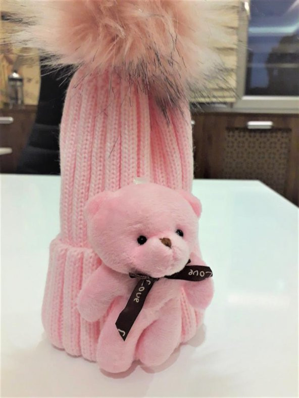 Peluş Ayıcıklı Ponponlu Çocuk Beresi  PEMBE - 3
