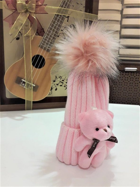 Peluş Ayıcıklı Ponponlu Çocuk Beresi  PEMBE - 4