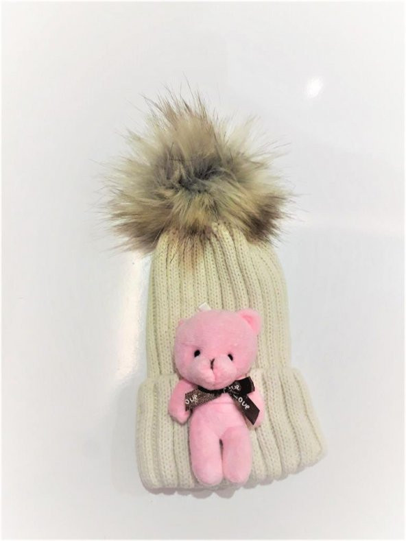 Peluş Ayıcıklı Ponponlu Çocuk Beresi  Krem - 2