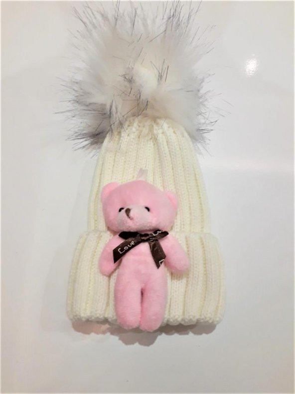 Peluş Ayıcıklı Ponponlu Çocuk Beresi  Beyaz - 3
