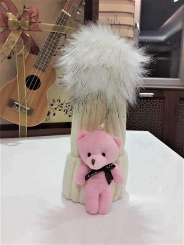 Peluş Ayıcıklı Ponponlu Çocuk Beresi  Beyaz - 4