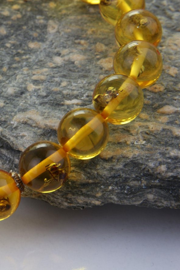 Sarı Turuncu Karınca Fosilli Görünümlü  Pres Toz Sıkma Kehribar Bileklik Unisex Elastik - 2