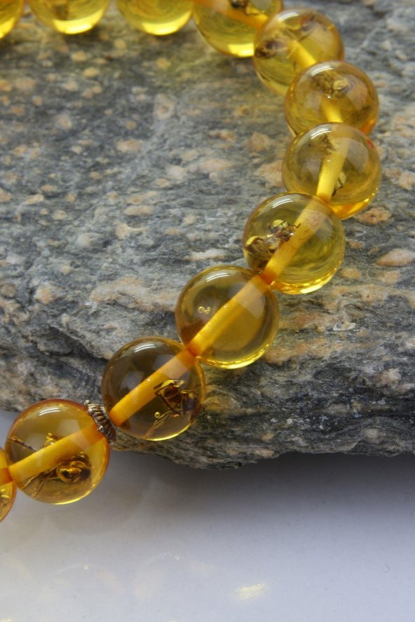 Sarı Turuncu Karınca Fosilli Görünümlü  Pres Toz Sıkma Kehribar Bileklik Unisex Elastik - 3