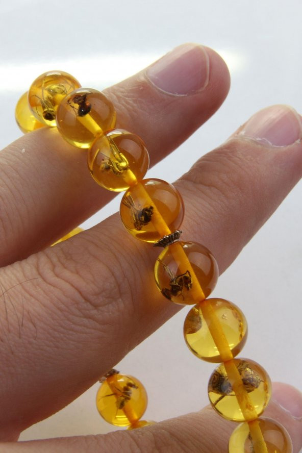 Sarı Turuncu Karınca Fosilli Görünümlü  Pres Toz Sıkma Kehribar Bileklik Unisex Elastik - 4