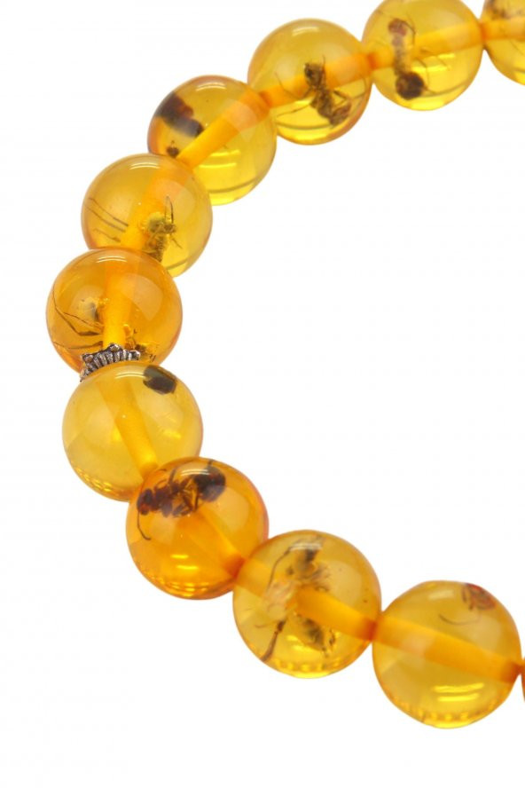 Sarı Turuncu Karınca Fosilli Görünümlü  Pres Toz Sıkma Kehribar Bileklik Unisex Elastik - 5