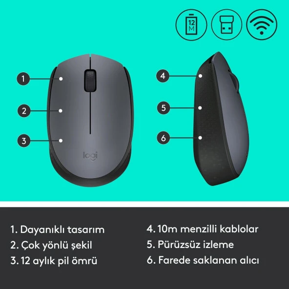 Logitech USB Alıcılı Kablosuz Mouse Siyah Gri - Resim 7