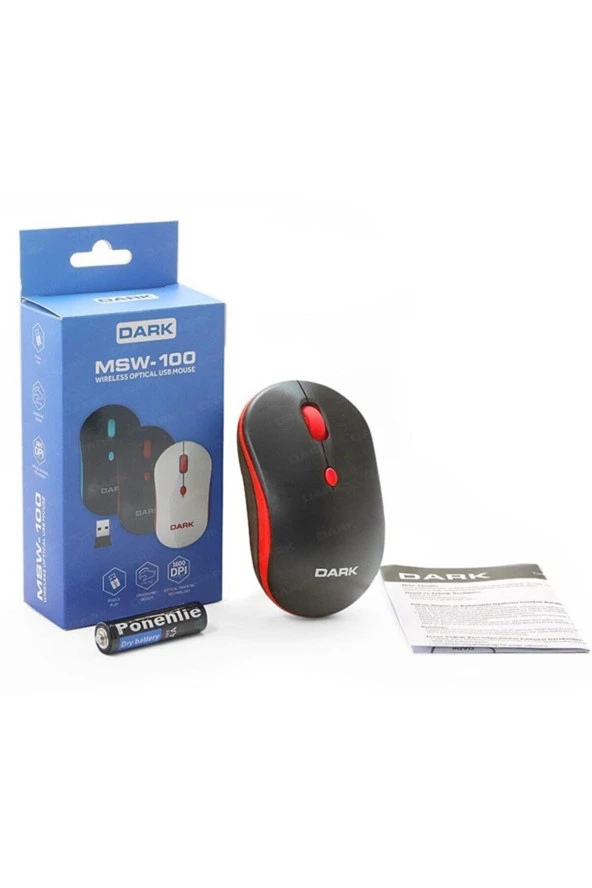 Dark Wireless Notebook Mouse Kırmızı-Siyah 1600 Dpi Kablosuz Optik Mouse