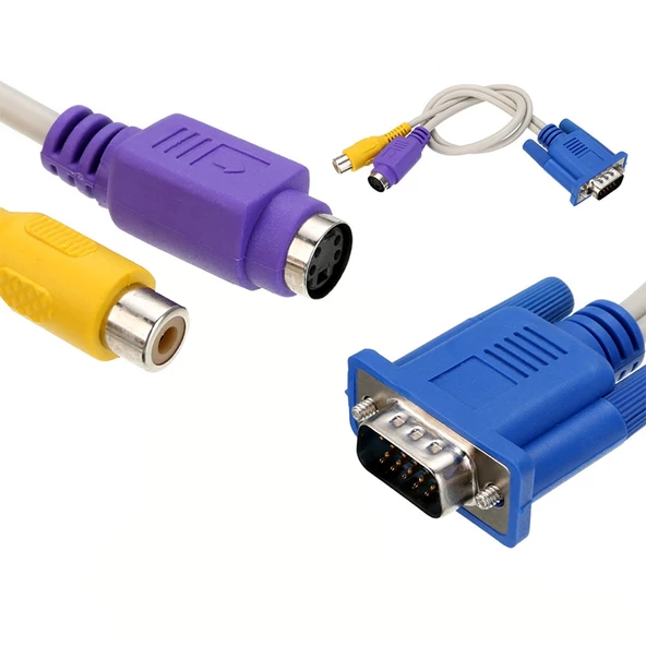 VGA 15 PİN ERKEK  / 1 RCA DİSİ+MINI DIN DİSİ 10 CM KABLO