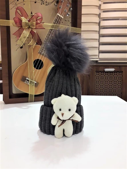 Peluş Ayıcıklı Çocuk Beresi 2 - 8 Yaş  Antrasit - 5