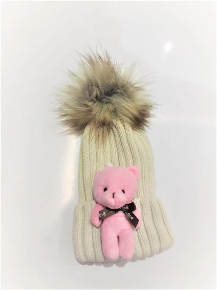 Peluş Ayıcıklı Çocuk Beresi 2 - 8 Yaş  Krem - 2