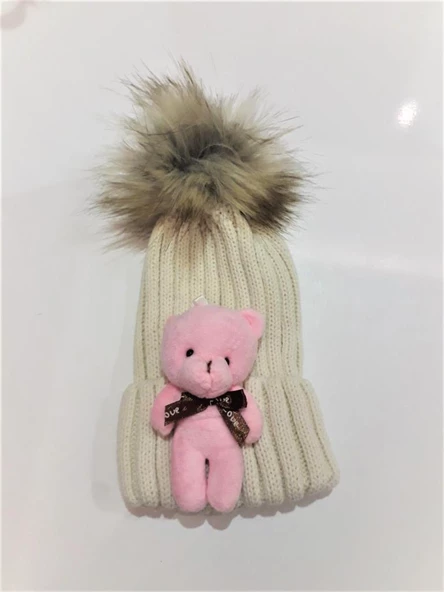 Peluş Ayıcıklı Çocuk Beresi 2 - 8 Yaş  Krem - 4