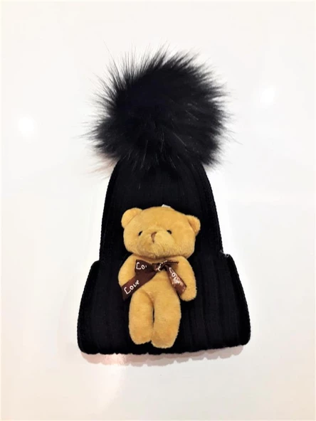 Peluş Ayıcıklı Çocuk Beresi 2 - 8 Yaş  Siyah - 2