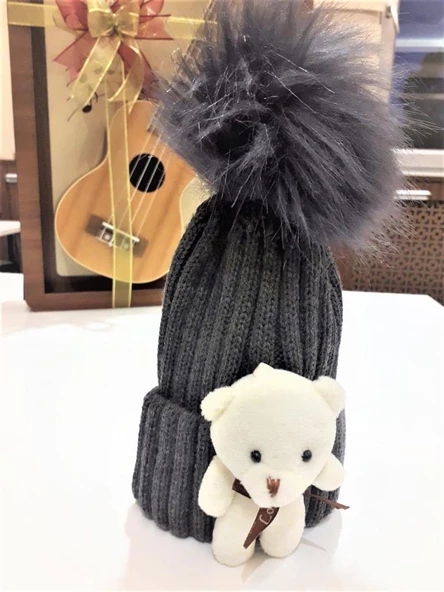 Peluş Ayıcıklı Çocuk Beresi 2 - 8 Yaş  Antrasit - 3