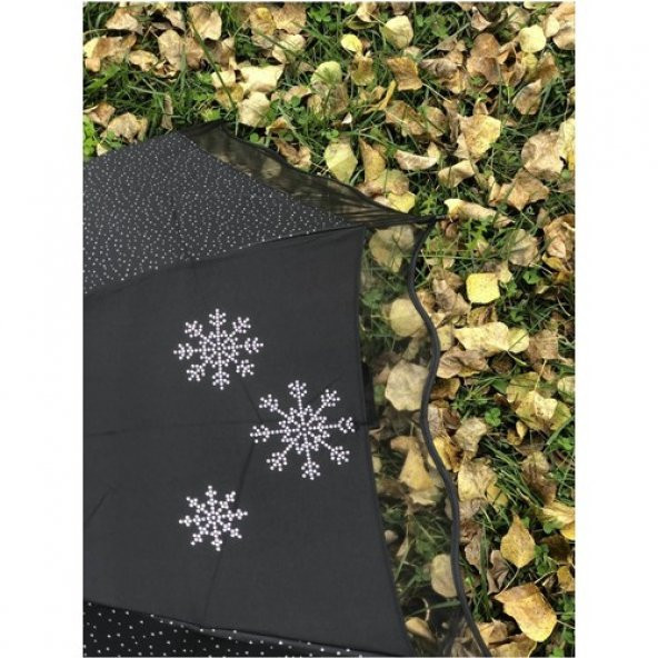 Rüzgarda Kırılmayan Kar Tanesi Desenli Puantiye Detaylı Siyah Kadın Şemsiye - Resim 3