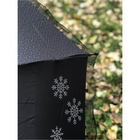 Rüzgarda Kırılmayan Kar Tanesi Desenli Puantiye Detaylı Siyah Kadın Şemsiye - Resim 4
