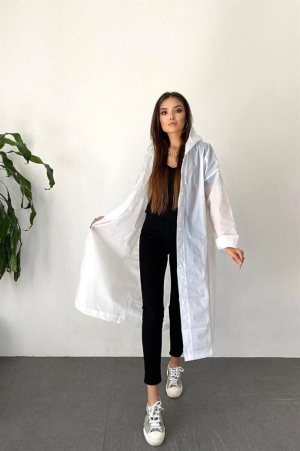 Kadın Erkek Yağmurluk Kapüşonlu Çıtçıtlı Eva Beyaz Yağmurluk M21mrc881r02 - 2