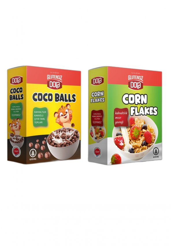 Dola 2li Atıştırmalık Set Coco Balls Çıtır Tahıl Topları ve Corn Flakes Mısır Gevreği Glutensiz