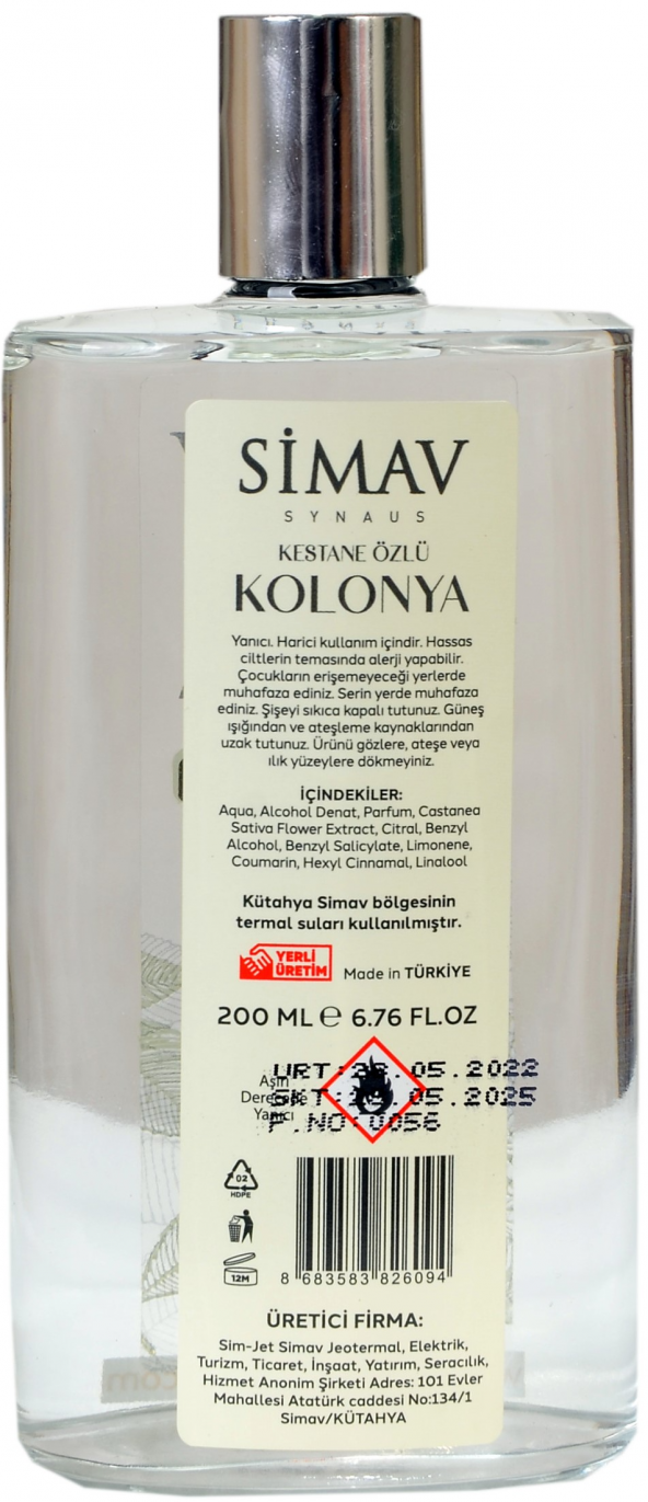 SİMAV Coğrafi İşaretli Kestane Özlü ve Termal Sulu Kolonya Cam Şişe - 200 ml - 2