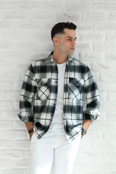 OVERSİZE EKOSELİ ÇİFT CEP ERKEK KALIN ODUNCU GÖMLEK - Resim 5