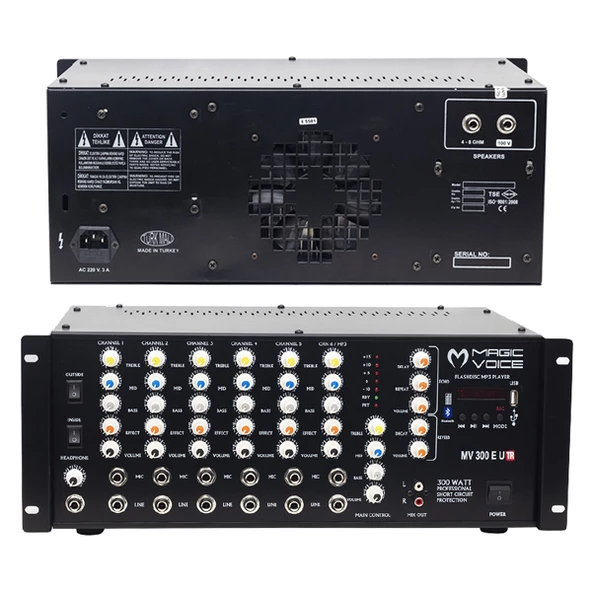 MV-300EU-TR 300 WATT 6 MİK. GİRİSLİ USB*BT-TRAFOLU MIXER KUP ANFİ MAGICVOICE