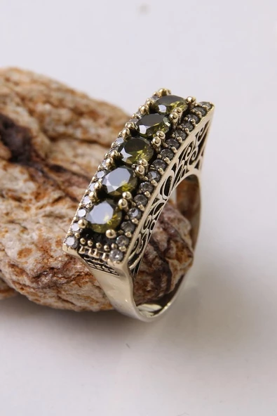 Beştaş Serisi Sarı Yeşil Sitrin Otantik 925 Ayar Gümüş Kadın Yüzük - 3