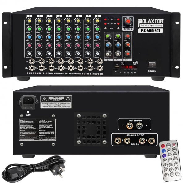 POLAXTOR PLX-2400 8CT Küp Mixer Anfi 1000 Watt 8 Kanal Trafolu Bluetooth Usb Sd Fm
